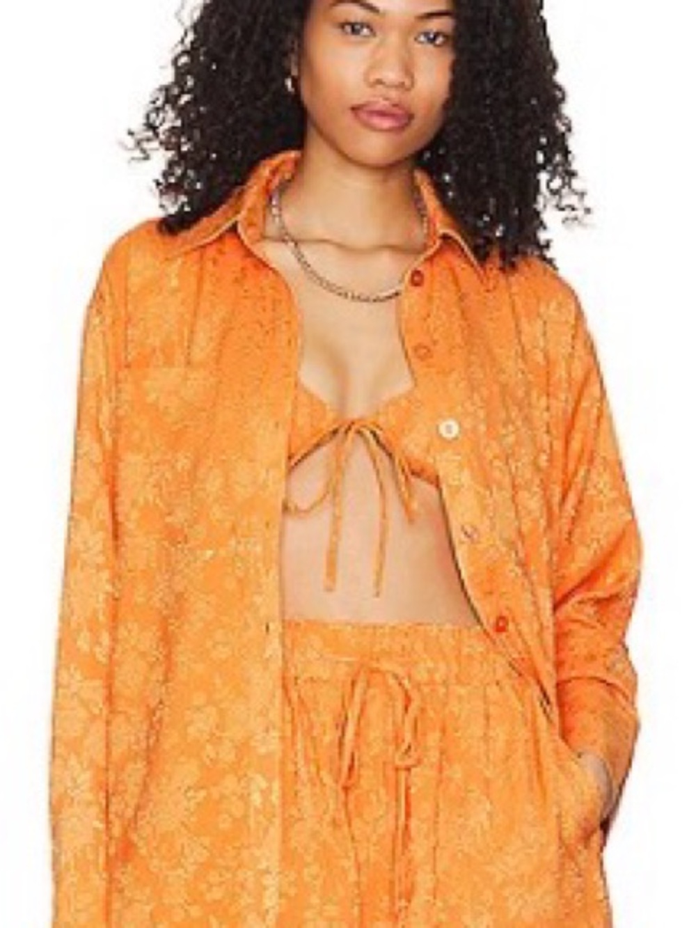 LPA Orange Floral Satin Tie-Front Bandeau Set